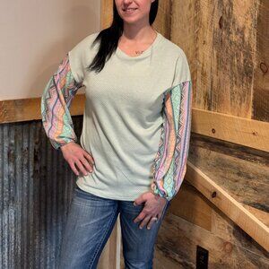 Long Sleeve teal body aztec sleeve